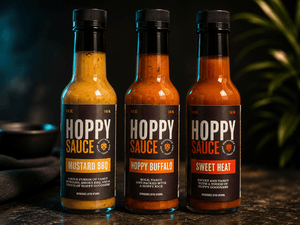 Custom food and beverage labels printed on sauce bottles for retail packaging, product branding and shelf appeal