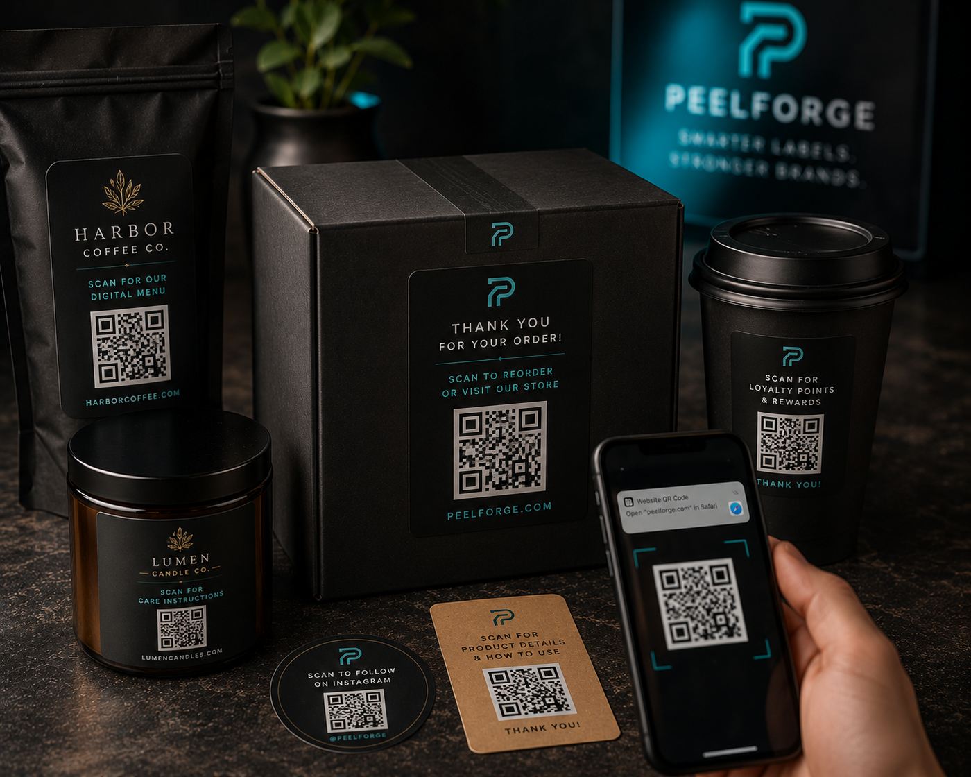 Custom PeelForge labels on premium product packaging