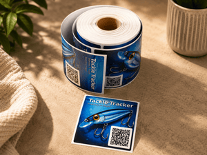 Custom QR code labels printed on roll labels for fishing tackle products, inventory tracking and retail packaging