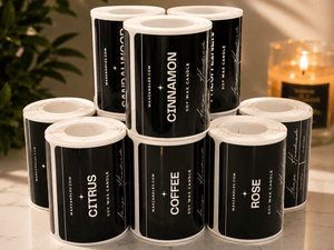 Custom candle labels printed on roll labels for soy candles, home fragrance products and retail packaging
